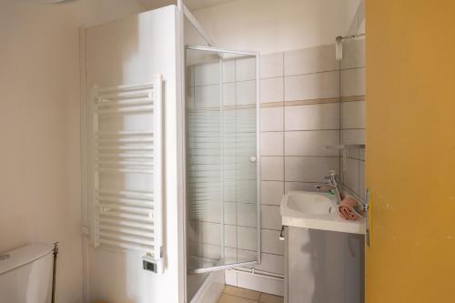 a small bathroom with a sink and a shower at L'appart K-psule - Design, tout confort, centre-ville, 3 pers in Le Mans