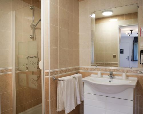 een badkamer met een wastafel, een douche en een spiegel bij Motel 991 in Viviers-du-Lac