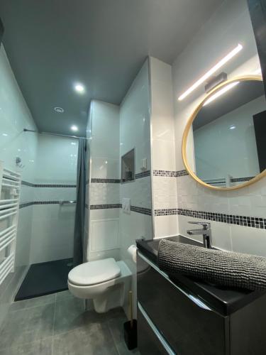 ein Badezimmer mit einem WC, einem Waschbecken und einem Spiegel in der Unterkunft Les Chalets Bambi & Jacuzzi privatif in La Bresse
