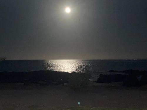 a full moon rising over the ocean at night at The Beach Shack Glamping & The Boat Shed in St Helena Bay