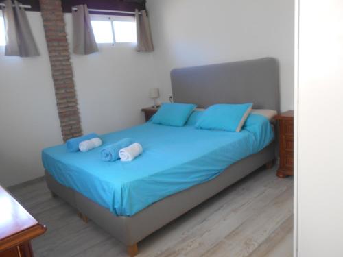 1 dormitorio con 1 cama con sábanas azules y almohadas azules en Appartement el toro Alhaurin en Alhaurín el Grande