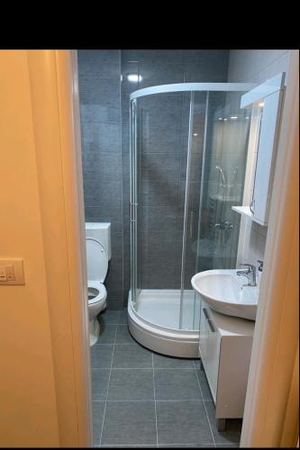 a bathroom with a shower and a toilet and a sink at Cozy Apartment in Lukavica