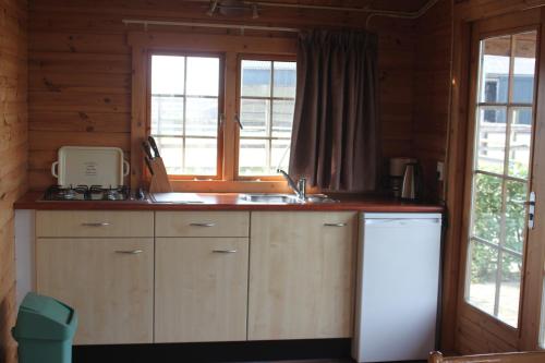 een keuken met een wastafel en een raam bij Recreatieoord Hippique in Westendorp