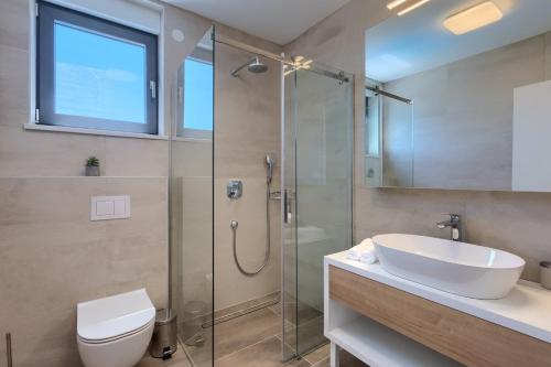 a bathroom with a shower and a sink and a toilet at Villa Bella and Chiara by SeeAdria Agency in Brtonigla