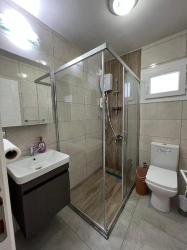 a bathroom with a shower and a sink and a toilet at Kyrenia Comfort Apartments in Kérynia