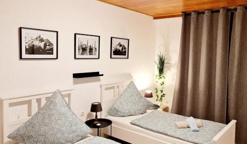 1 Schlafzimmer mit 2 Betten mit Kissen und einem Fenster in der Unterkunft ELENA flat Sonnenblumen Duisburg Zentrum in Duisburg