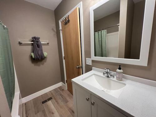 y baño con lavabo, espejo y ducha. en Restful single bedroom getaway en Billings