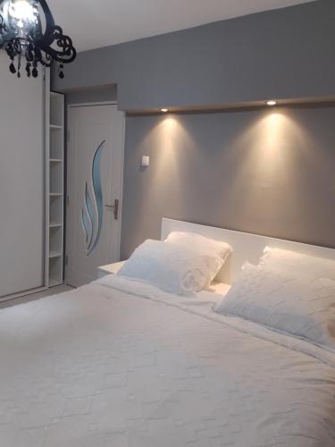 a bedroom with a large white bed with white pillows at Apartament Central in Oradea