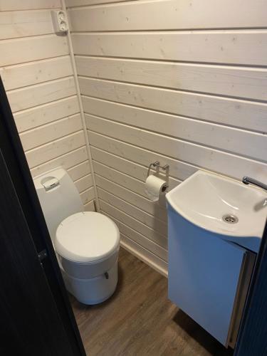 La salle de bains est pourvue de toilettes blanches et d'un lavabo. dans l'établissement Beach Cottage, à Hanko