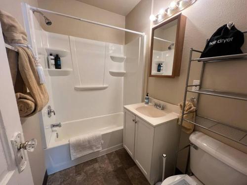 a bathroom with a sink and a toilet and a shower at Classic home on a quiet street in Billings