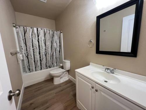 un bagno con lavandino, WC e specchio di Freshly renovated home in a vintage neighborhood a Billings