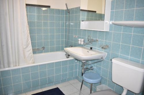 een blauw betegelde badkamer met een wastafel en een toilet bij Astoria 297 Si in Lenzerheide