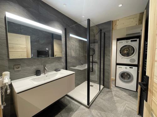 une salle de bain avec un lavabo et une machine à laver dans l'établissement GRANDE OURSE bel appartement village et pistes, à La Clusaz