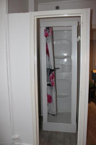 a door to an open refrigerator with pink roses at appartement Eaux Bonnes in Eaux-Bonnes