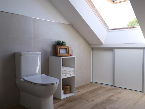 a bathroom with a white toilet and a skylight at Casa Jardin Vigo in Vigo