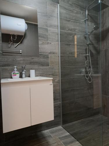 a bathroom with a sink and a glass shower at City Apartments 2 in Pazardzhik