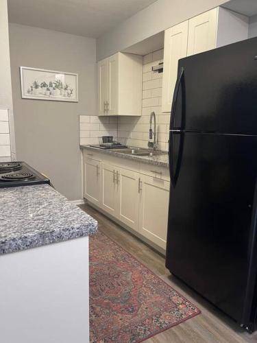 a kitchen with a black refrigerator in a kitchen at The Bernice - 2 Bedroom Apt in Quilt Town, USA in Hamilton