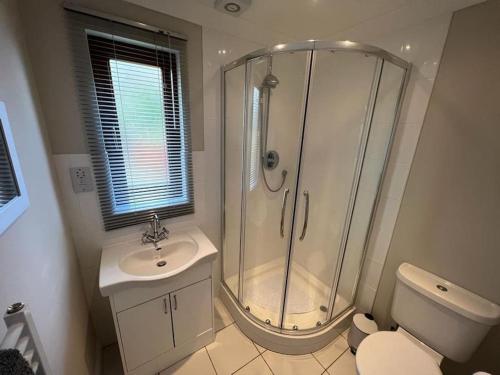 a bathroom with a shower and a sink and a toilet at Jenny's Place Stunning 2 bedroom lodge in Sewerby