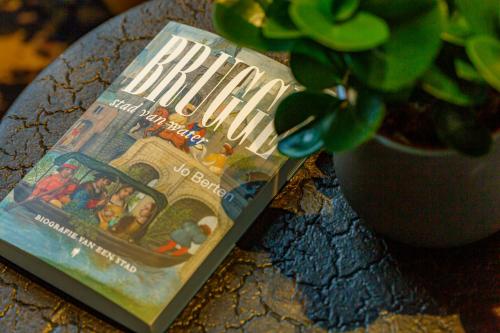 a book sitting on a table next to a plant at Hotel Montanus in Bruges