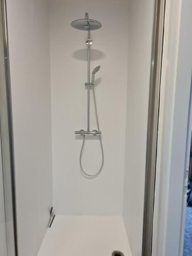 a hanging light in a bathroom next to a shower at Villa Stijn in Middelkerke