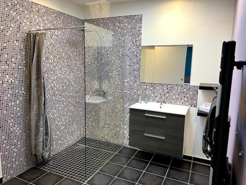 La salle de bains est pourvue d'une douche et d'un lavabo. dans l'établissement Appartement calme au coeur du jardin, à Violaines