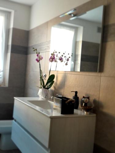 a bathroom with a sink with a vase of flowers on it at Appartment Lodged Mamma Maria in Mattarello