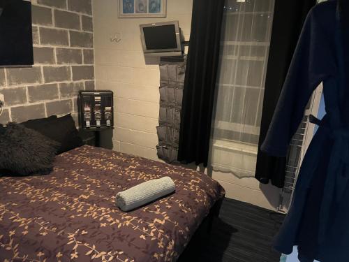 a bedroom with a bed with a pillow and a television at The downstairs delight 2brm , 6+ guests & dogs ok in Lake Munmorah