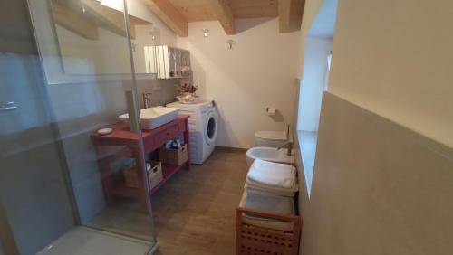 a bathroom with a toilet and a washing machine at Serendipity House Valle dei Laghi in Sarche di Calavino