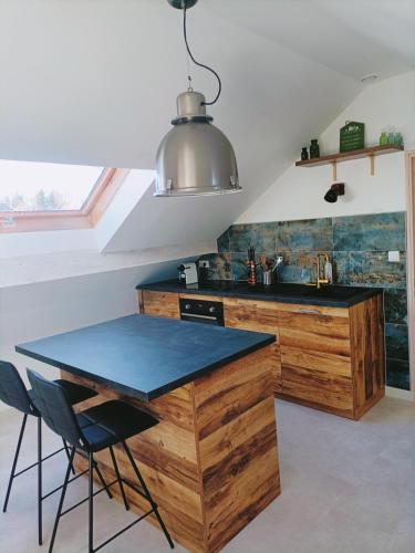 cocina con encimera de madera y mesa en Appartement ! Petit nid entre pistes et lacs!, en Saint-Laurent-en-Grandvaux