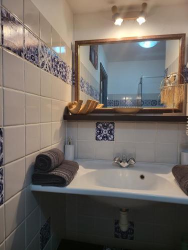 un baño con lavabo y espejo en Gwadakreyol, en Saint-François
