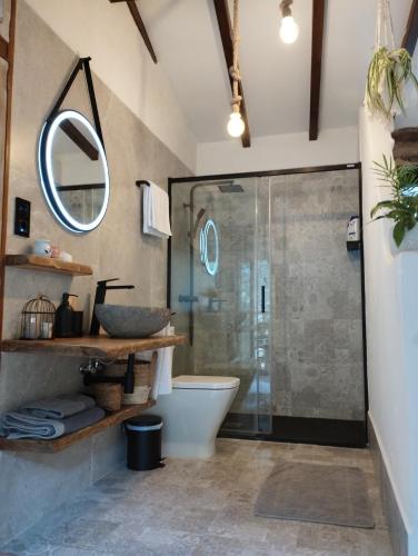 a bathroom with a shower and a toilet and a sink at A curuxa casa rural in El Mazo