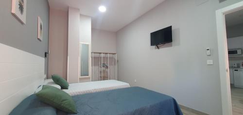 a bedroom with a bed and a flat screen tv at Apartamentos Las trece llaves Jacuzzi bajo reserva in Merida