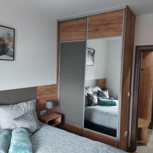 a mirrored closet in a bedroom with a bed at Snežna idila in Zlatibor