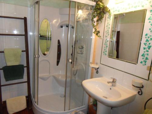 uma casa de banho com um chuveiro e um lavatório. em L'Estapade des Tourelons em Saint-Jean-en-Royans