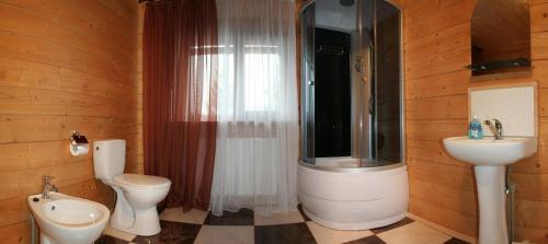 a bathroom with a shower and a toilet and a sink at Highland in Yablunytsya