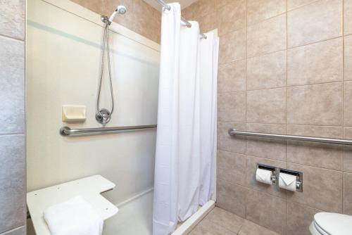 a bathroom with a shower and a toilet at La Luna Inn, an Ascend Collection Hotel in San Francisco