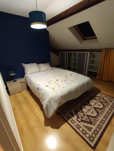 een slaapkamer met een bed met een tapijt en een blauwe muur bij Location T2 Proche Annecy in Meythet