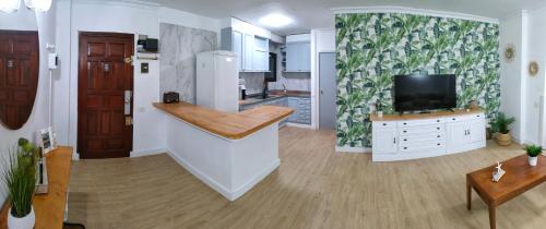 a kitchen with a counter and a tv in a room at Kailani Tacoronte in Santa Cruz de Tenerife