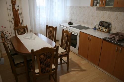 Trstenik的住宿－Apartman Kneginja，厨房配有桌子、炉灶和桌椅