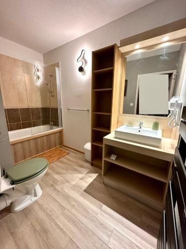 une salle de bain avec un lavabo, des toilettes et un miroir dans l'établissement Duplex rénové - 2 chambres 7 personnes vue pistes, aux Orres