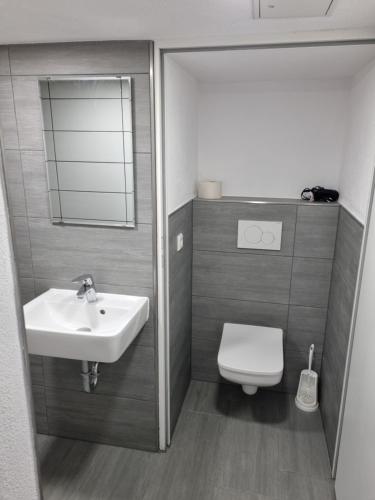 y baño con lavabo, aseo y espejo. en Eco Apartment Cölbe, en Cölbe