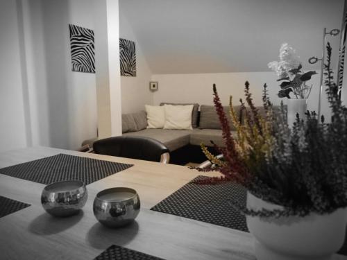 a living room with a table and a couch at Apartments - Lehmanns Ferienwohnungen in Kurort Oberwiesenthal