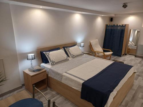 1 dormitorio con 1 cama grande y 1 silla en Très bel appartement type loft de 40 m2 dans maison avec parking privatif en Lingolsheim