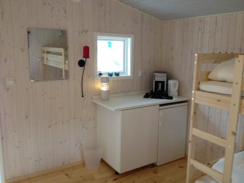 ÅshammarにあるVLS Stugbyの二段ベッドとカウンターが備わる小さな客室です。