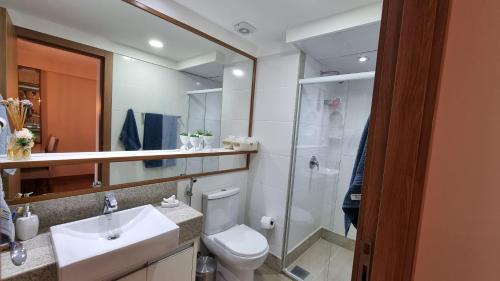 a bathroom with a toilet and a sink and a shower at Loft 335 Vista Azul in Pedra Azul