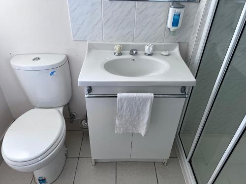łazienka z toaletą i umywalką w obiekcie The Dannebrog Lodge w mieście Devonport