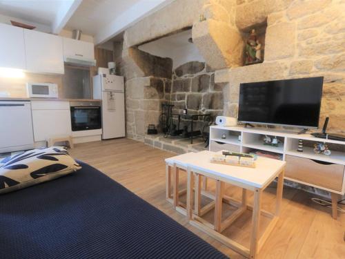 un salon avec une télévision et un mur en pierre dans l'établissement Combrit Sainte-Marine: T2 duplex rénové avec jardin privé et vue sur port - FR-1-481-91, à Combrit