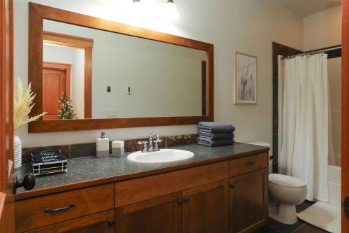 ein Badezimmer mit einem Waschbecken, einem WC und einem Spiegel in der Unterkunft Snowy Trails Lodge in Big White in Big White
