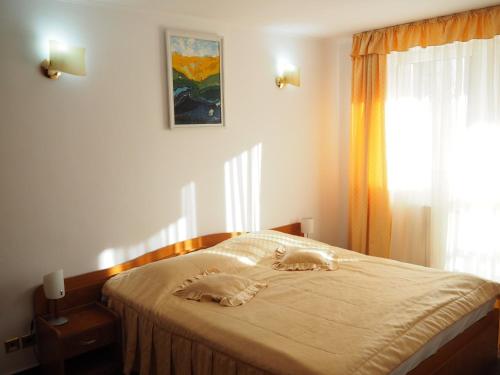a bedroom with a bed with two pillows on it at Hotel Alexandros Busteni in Buşteni