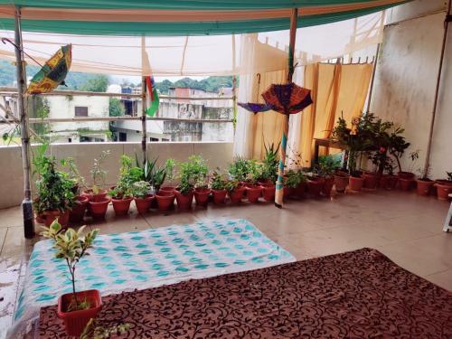 a room with potted plants and a large window at Casa De Mount in Mount Ābu